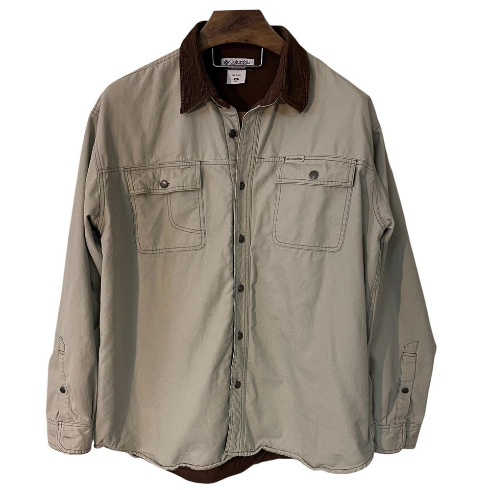 Vtg Columbia Mens Beige Fleece Lined Corduroy Collar Barn Shacket Utility Y2K XL